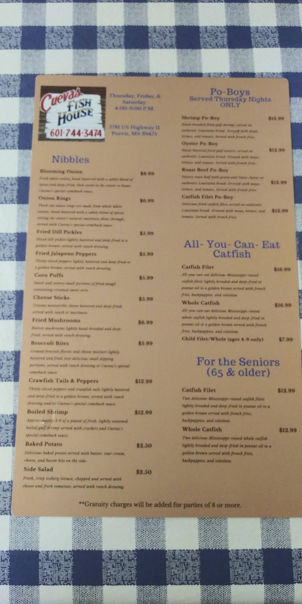 Menu at Cuevas Fish House restaurant, Purvis
