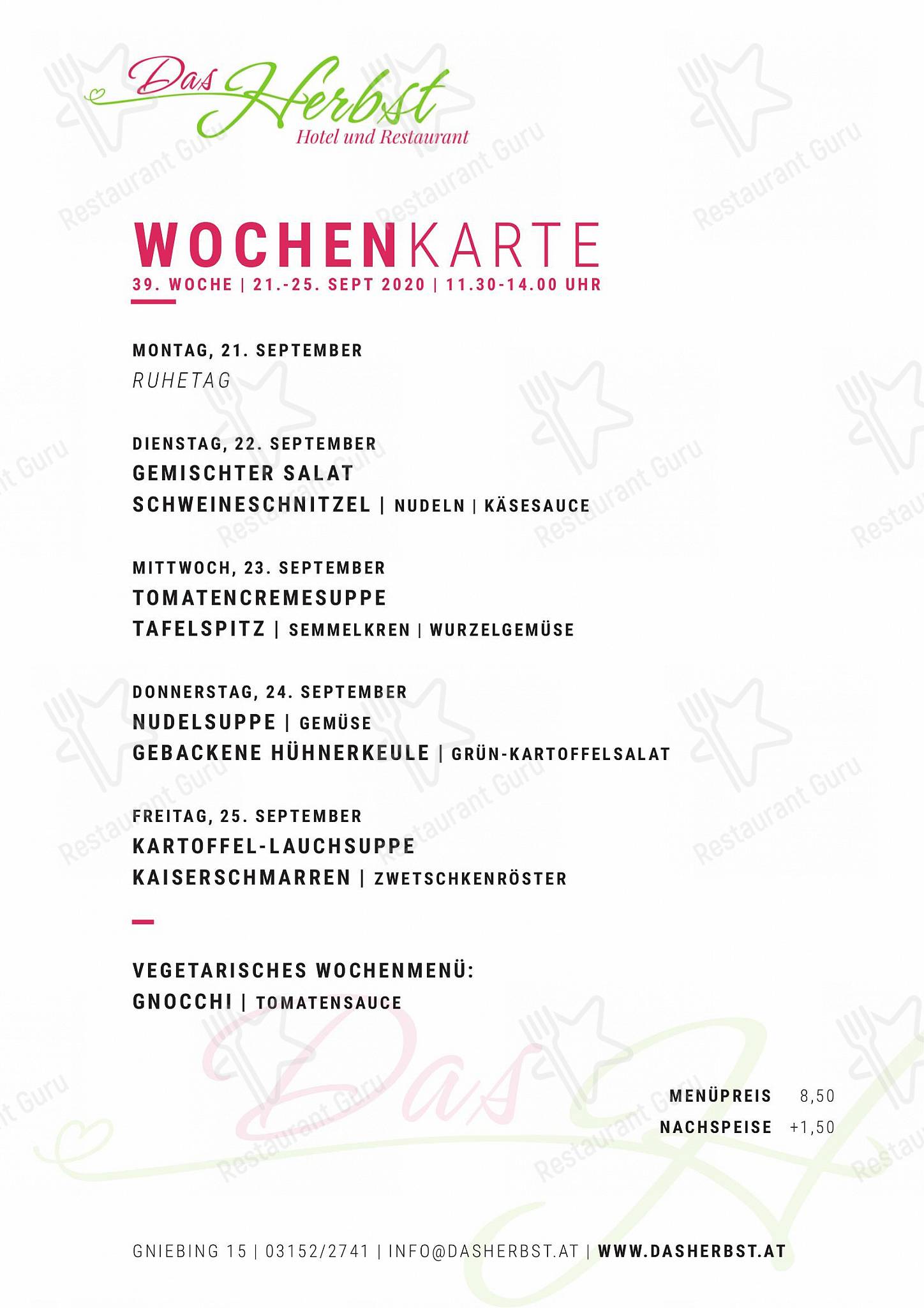 Speisekarte von Das Herbst restaurant, Feldbach