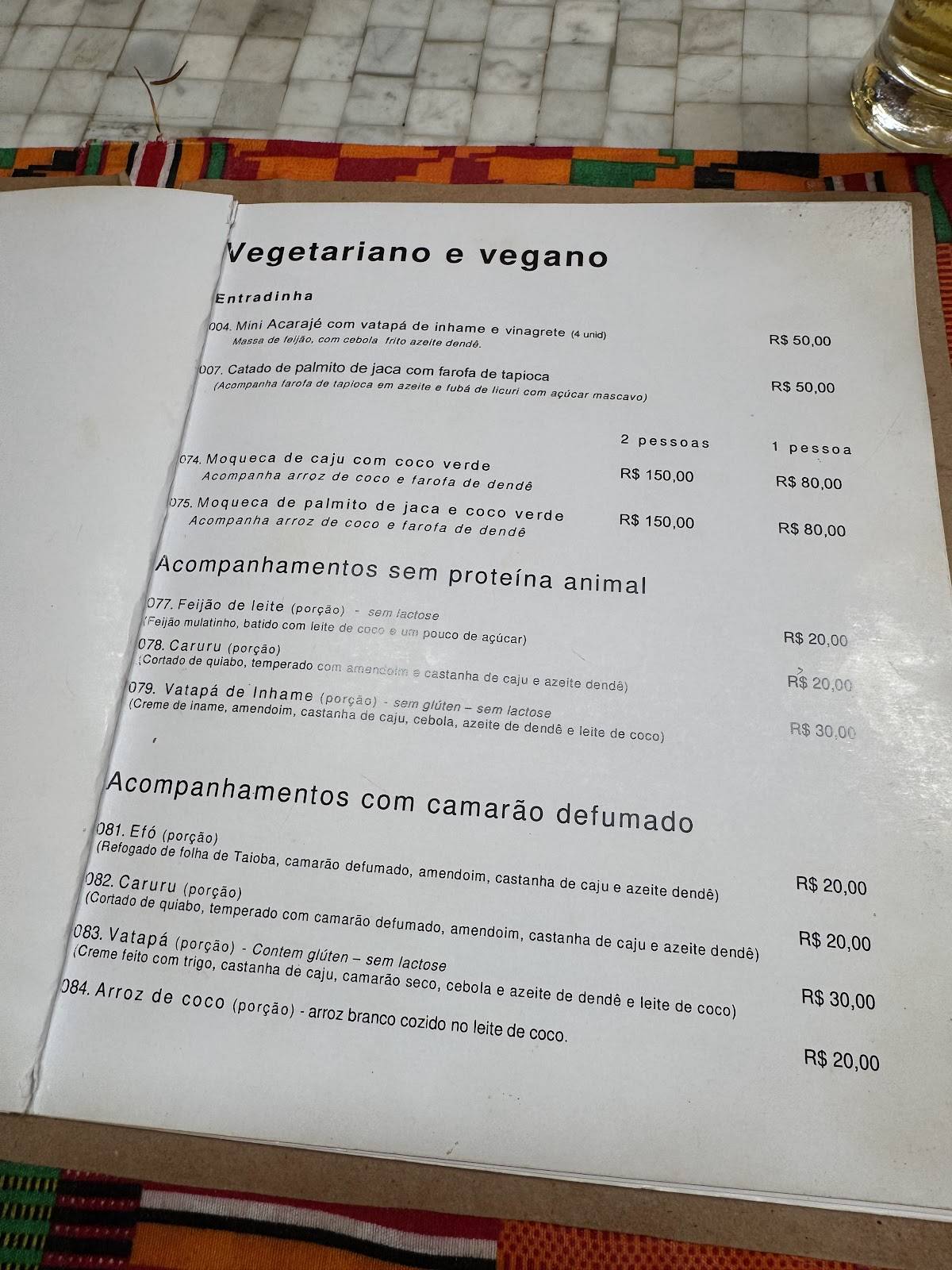 Dona Mariquita - Cozinha Patrimonial da Bahia cardápio