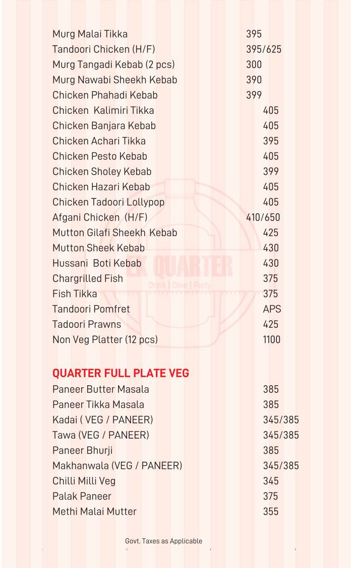 Ek Quarter menu