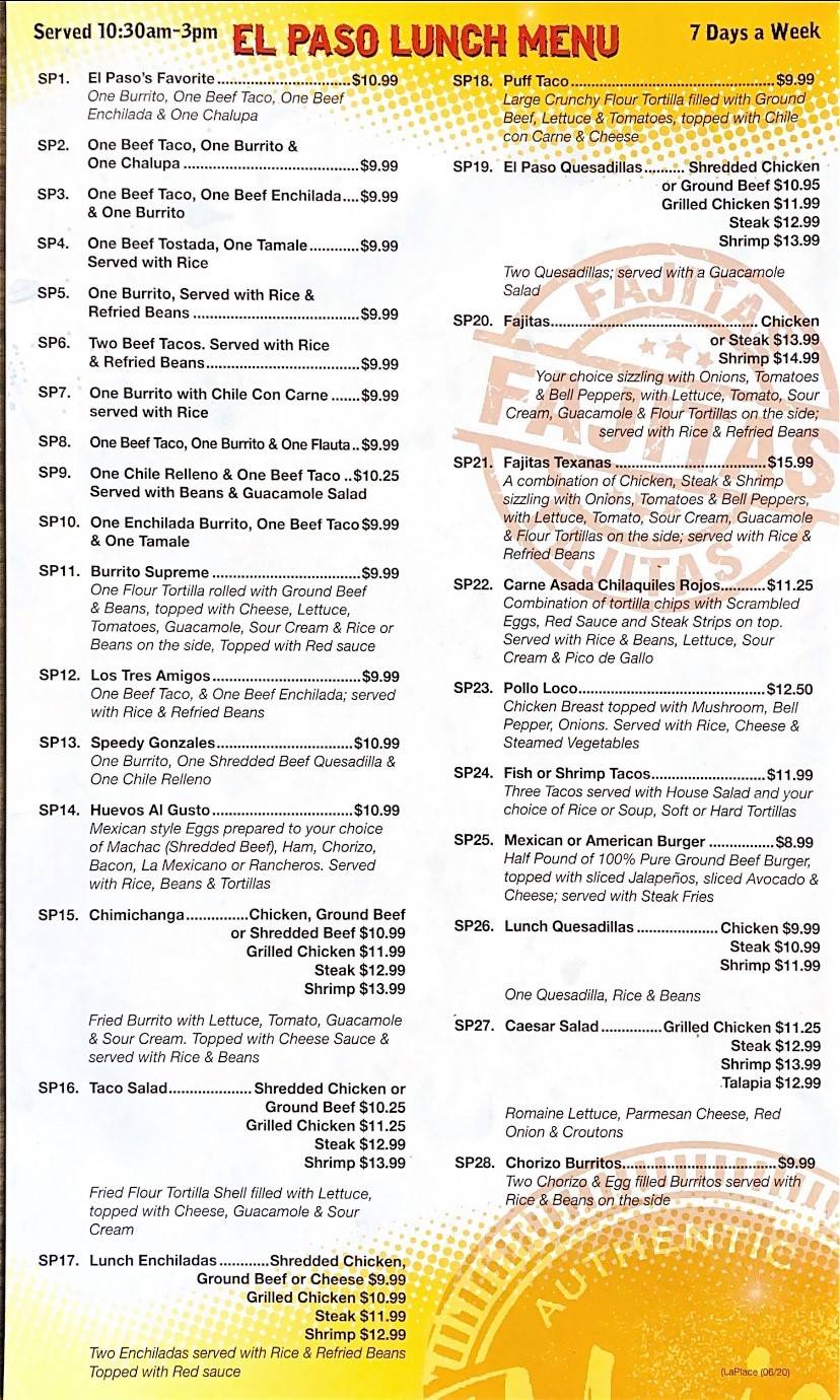 Menu at El Paso Mexican GrillLaPlace restaurant, LaPlace, US51 suite d