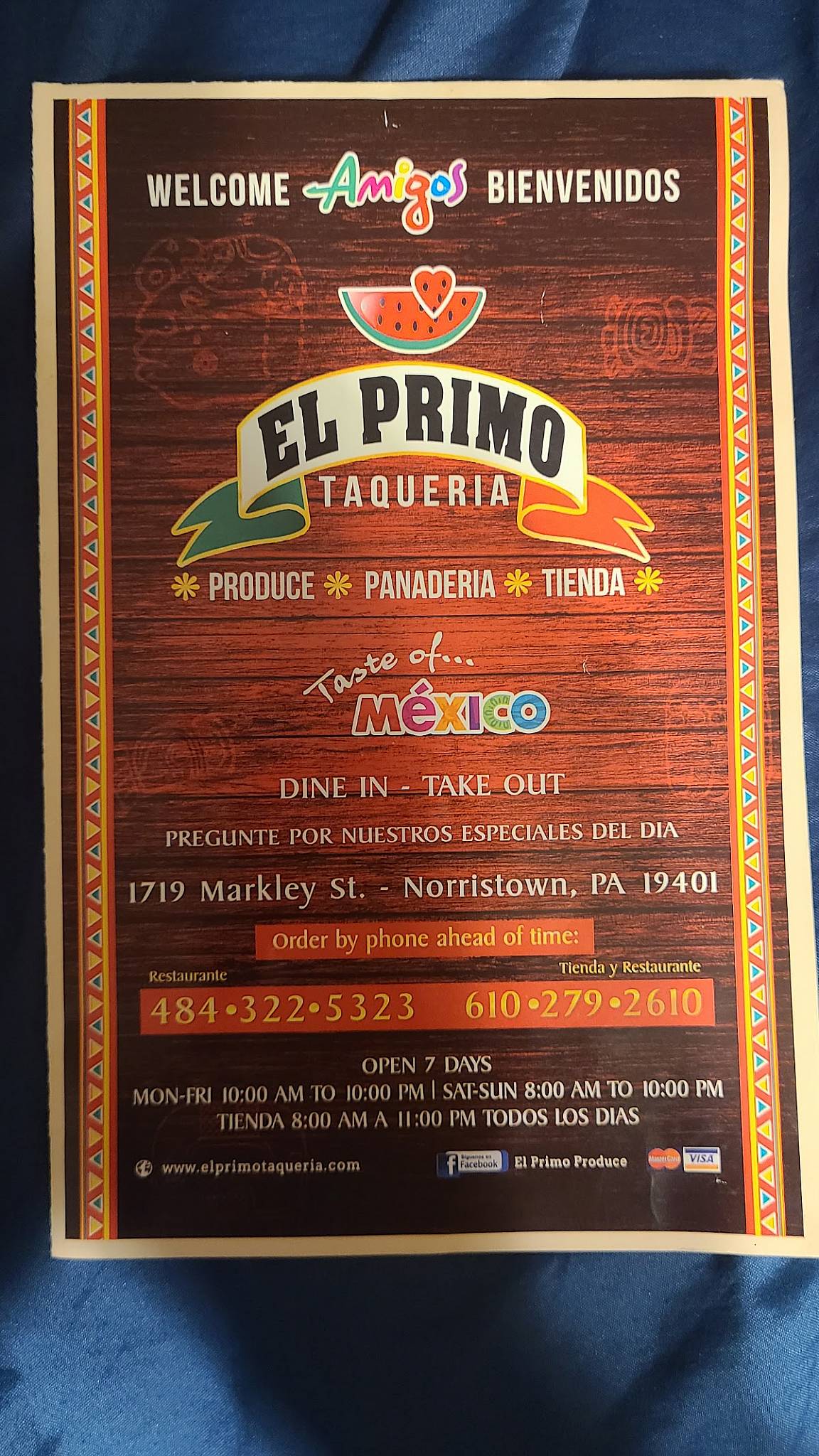 Menu at El Primo Produce restaurant, Norristown
