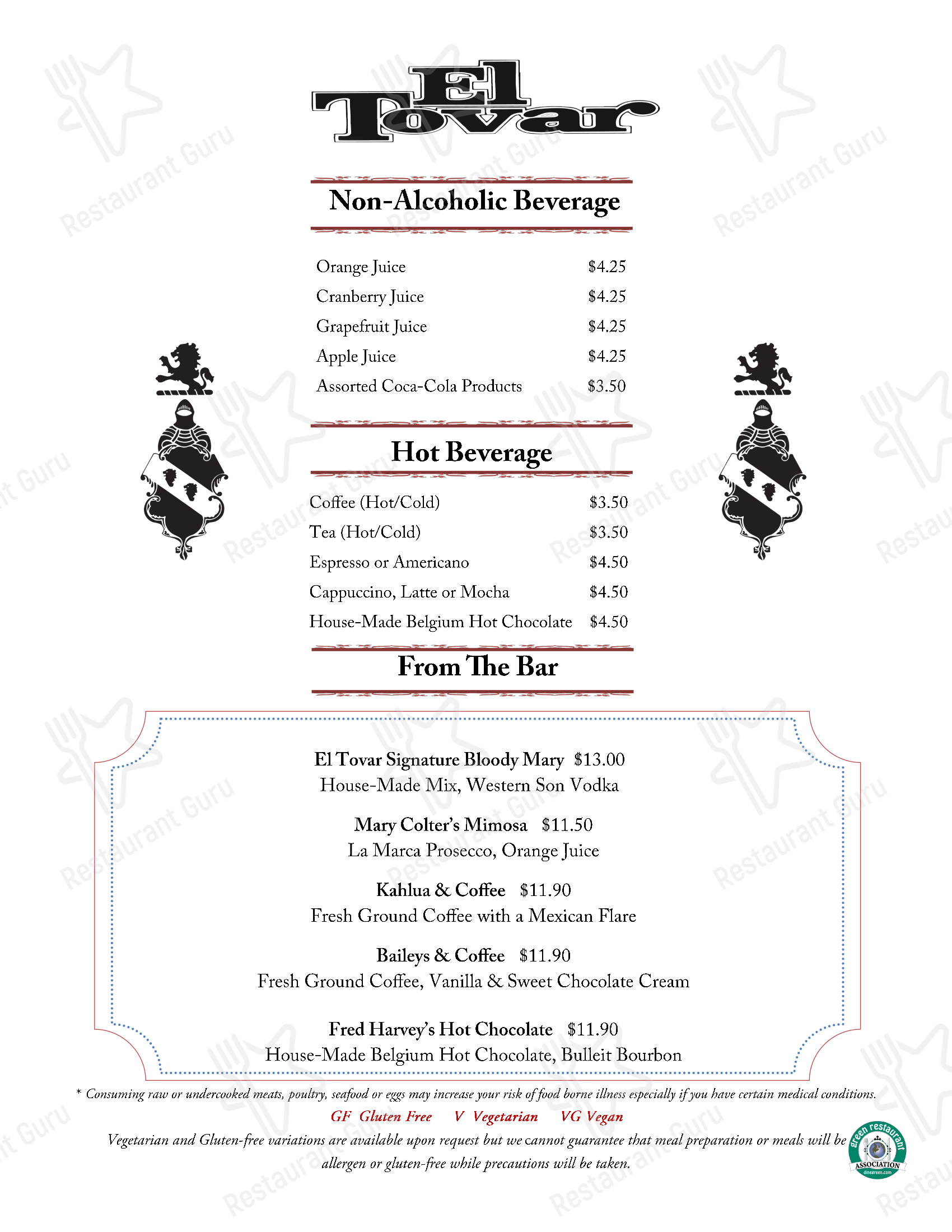 Menu at El Tovar Dining Room pub & bar, Grand Canyon Village, 1 El Tovar Rd