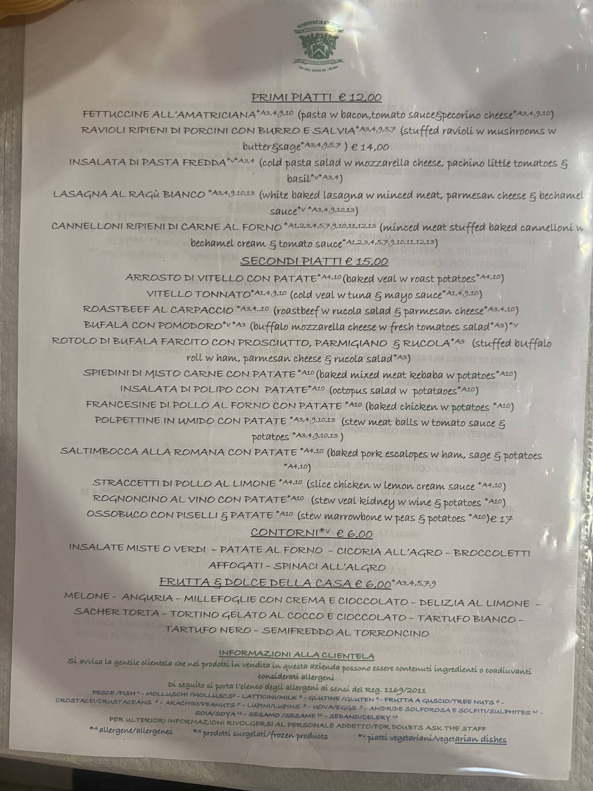 Menu di Enoteca Corsi 