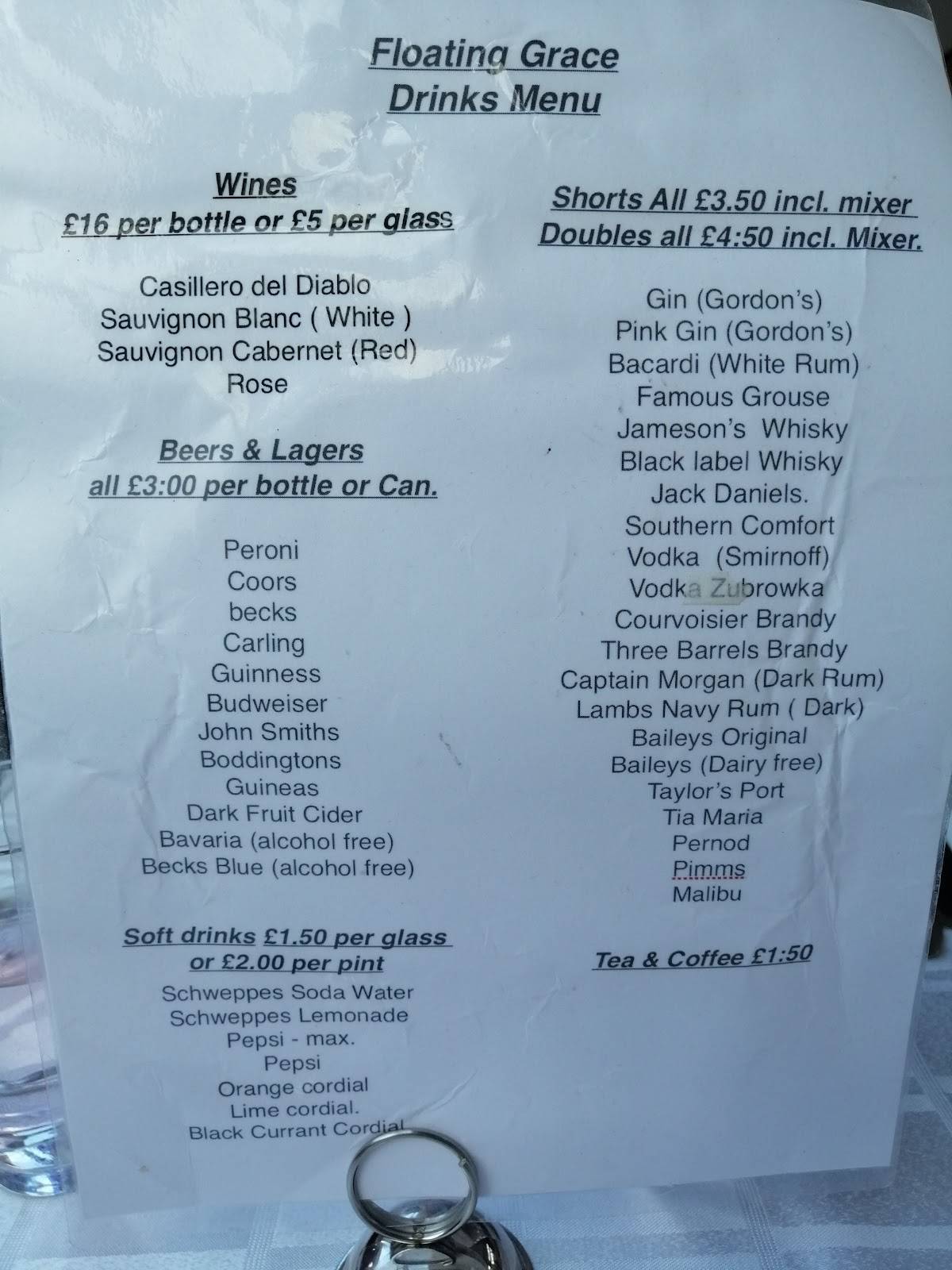 Menu at Floating Grace restaurant, Liverpool