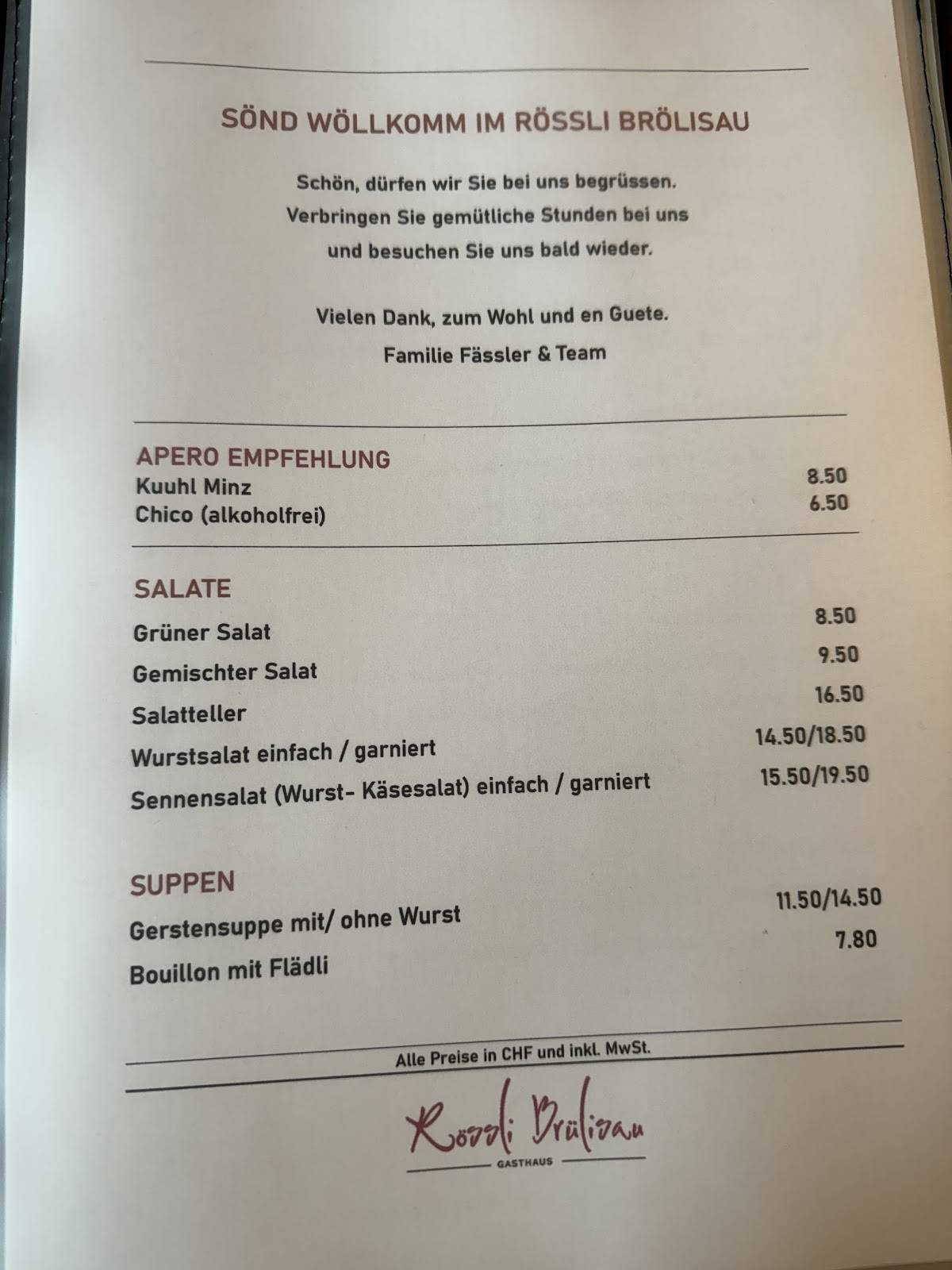 Menu di Gasthaus Rössli 