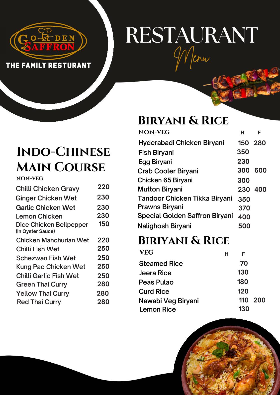 Golden Saffron Restaurant menu
