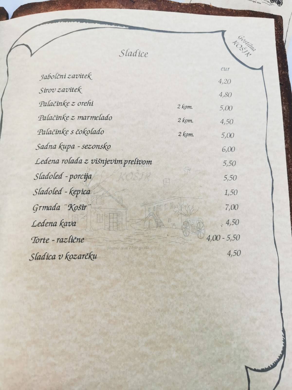 Menu di Gostilna Košir 