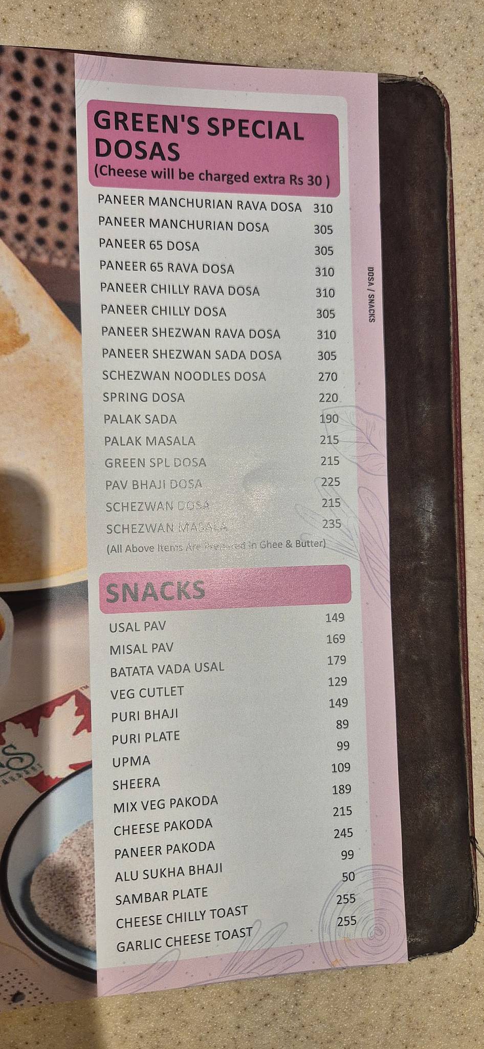 Greens Veg Restaurant menu