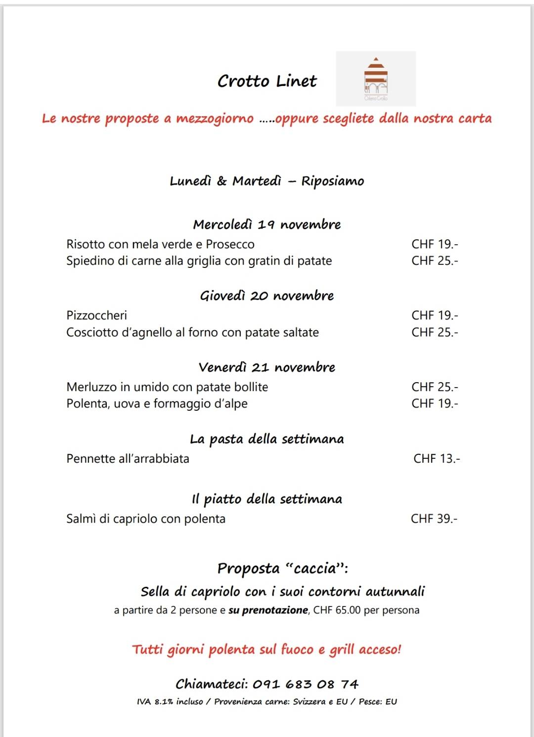 Menu di Grotto Linet 