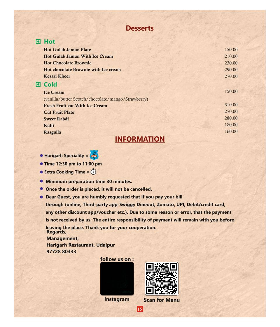 Restaurant Harigarh menu