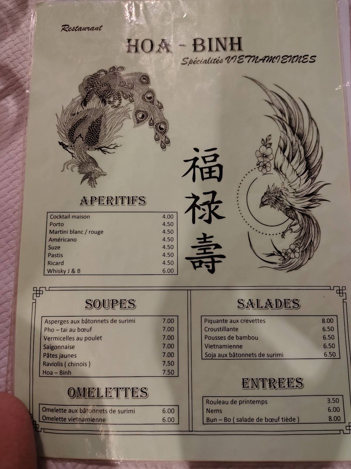 Menu de Restaurant Hoa Binh