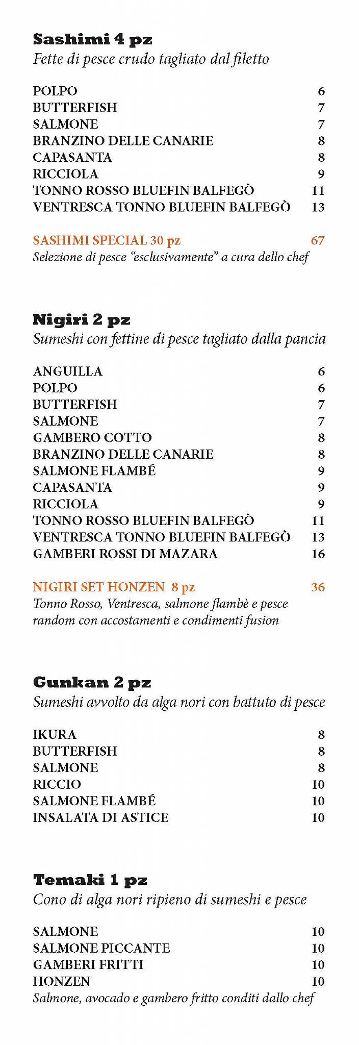 Menu di Honzen Fusion Japanese 