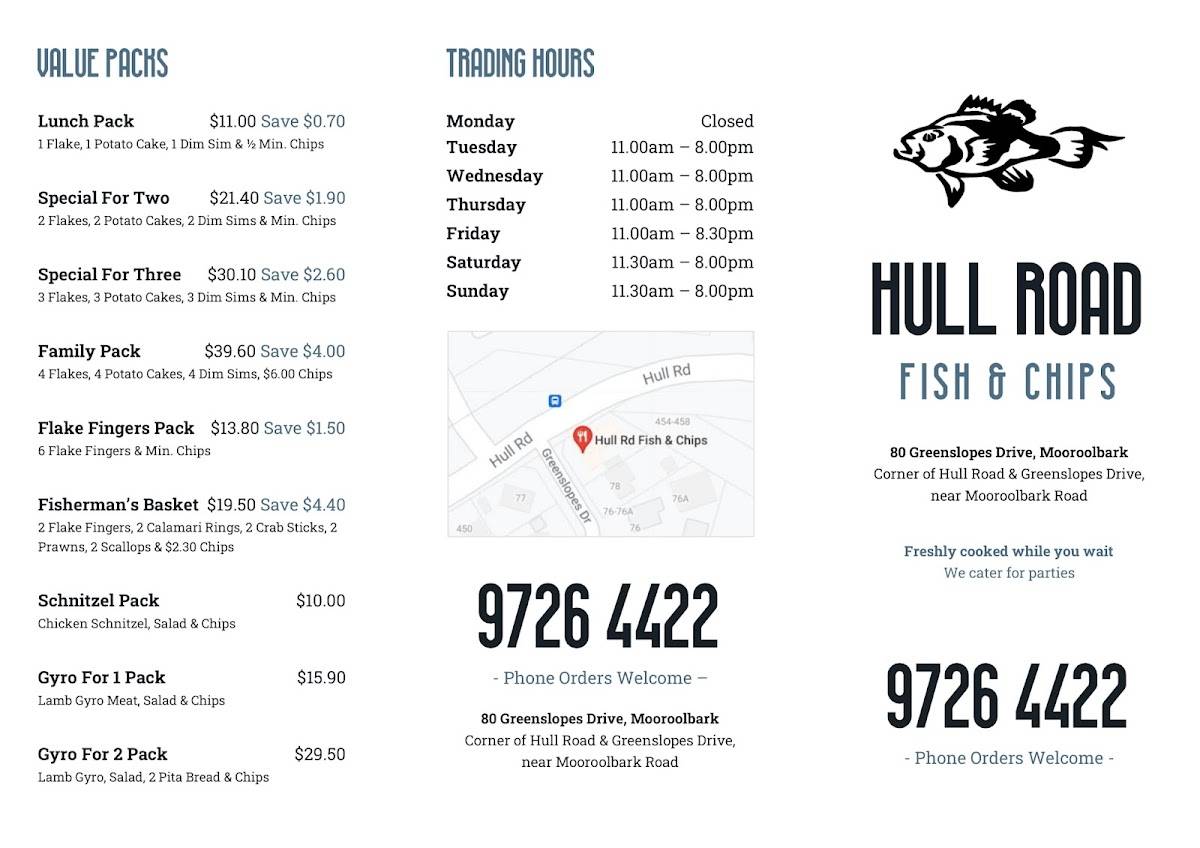 Menu at Hull Road Fish & Chips restaurant, Mooroolbark