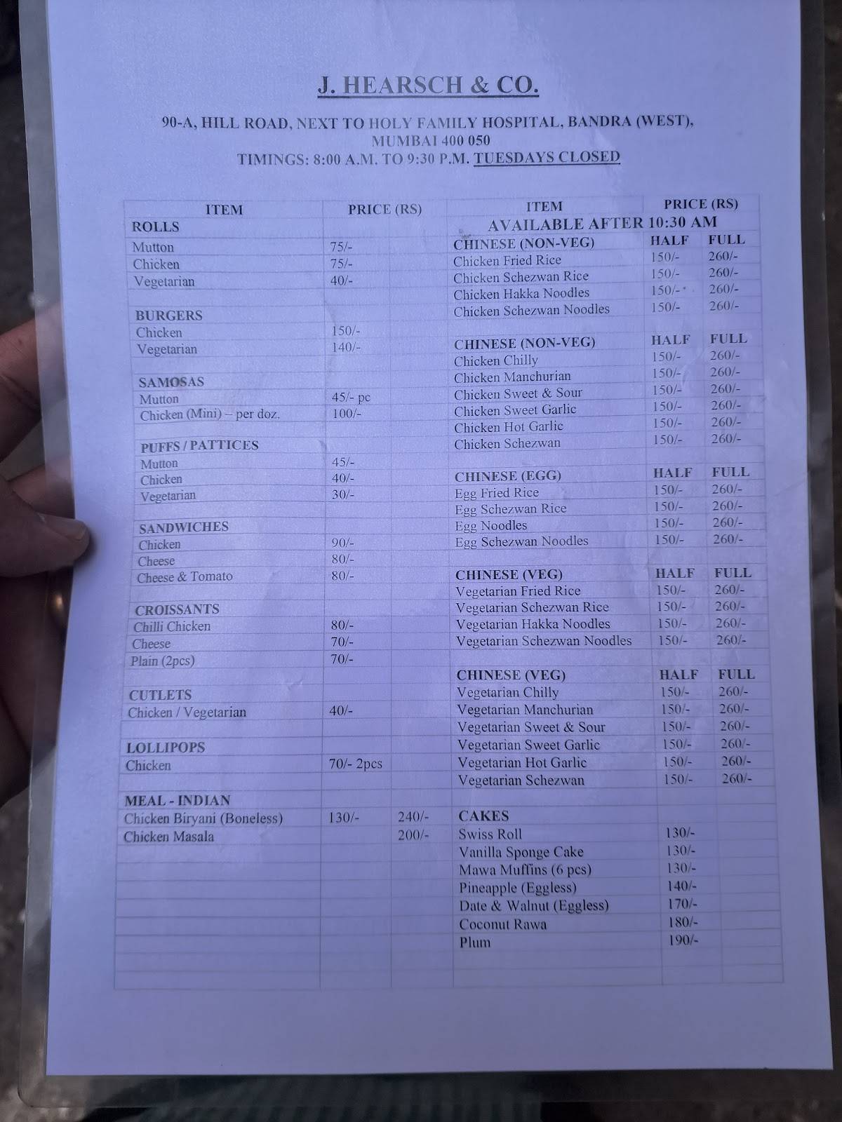 J Hearsch & Co. menu