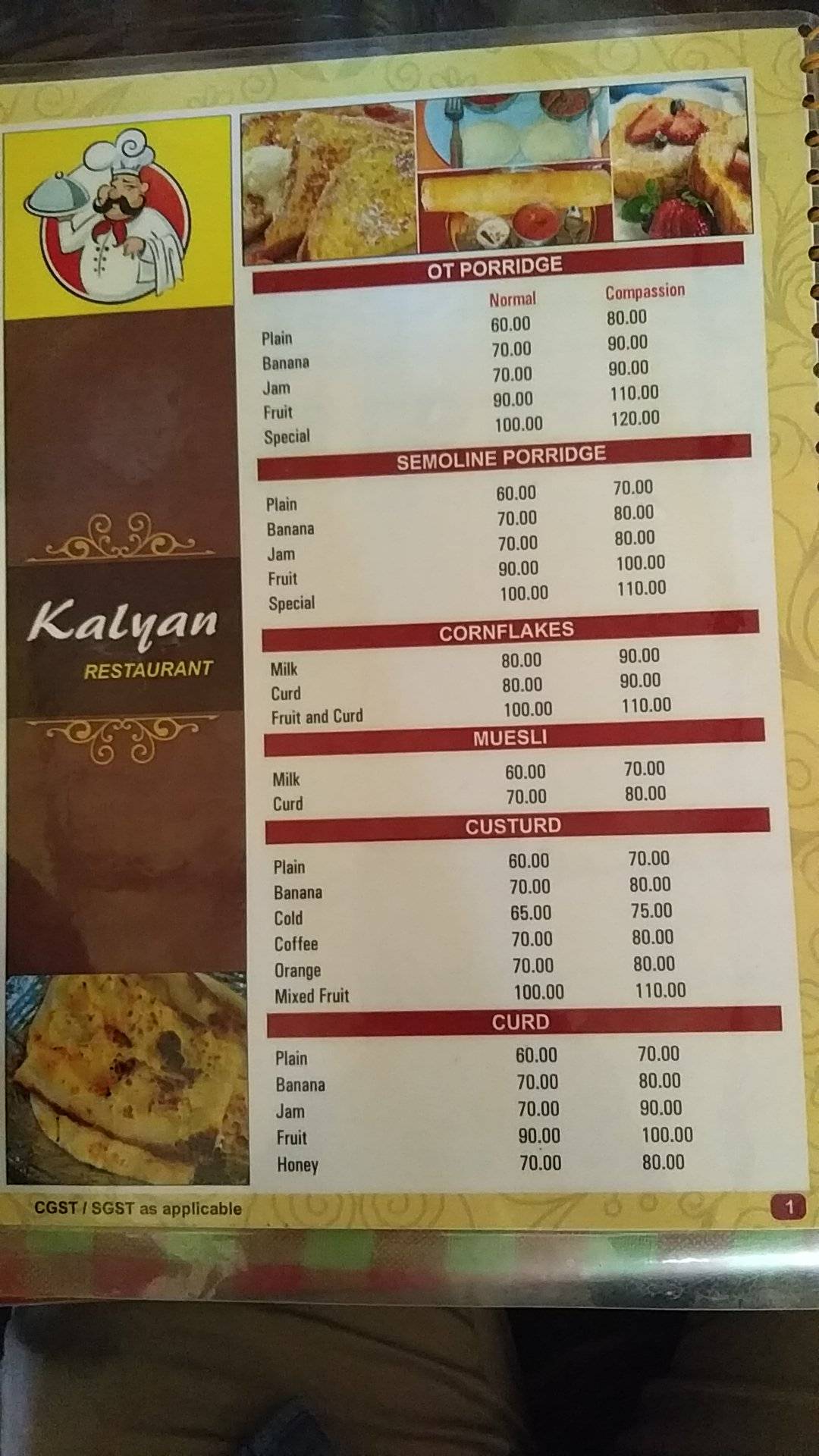 Kalyan Restaurant menu