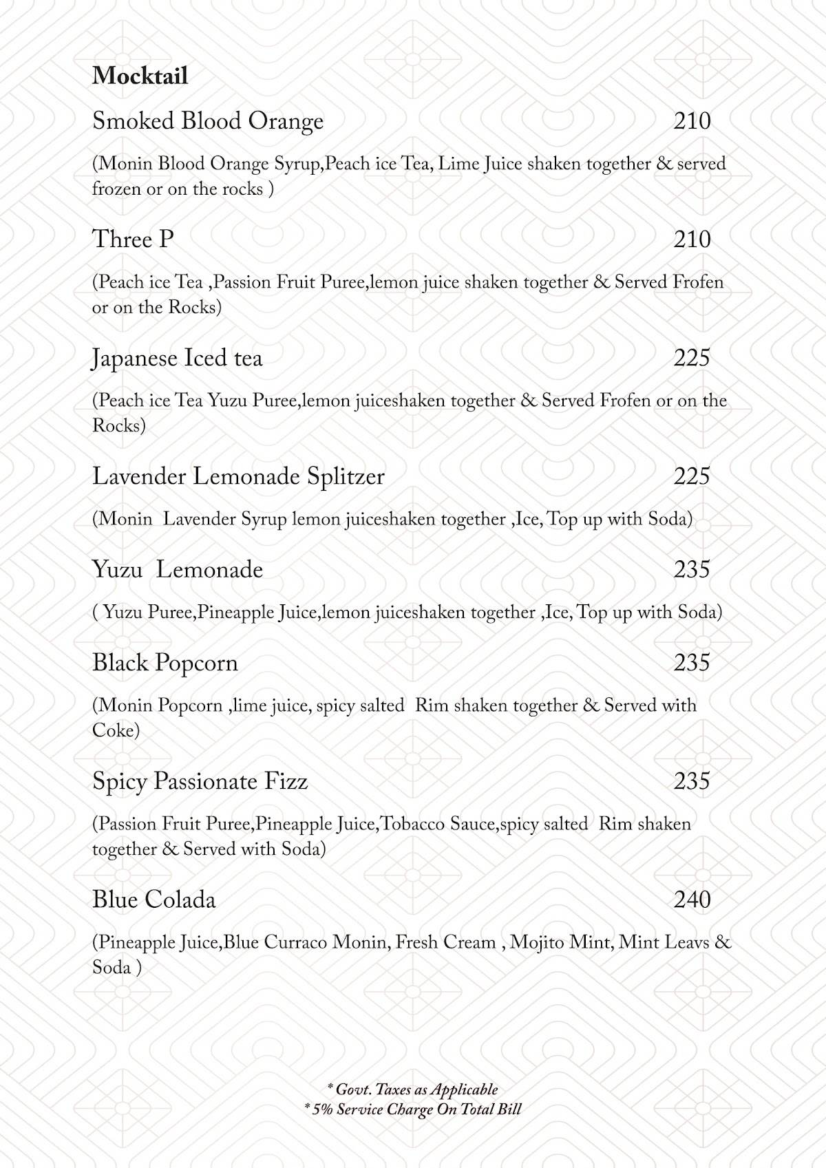 Kokkita Restaurant and Bar menu