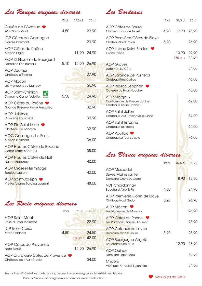 Menu de Restaurant L'Avenue