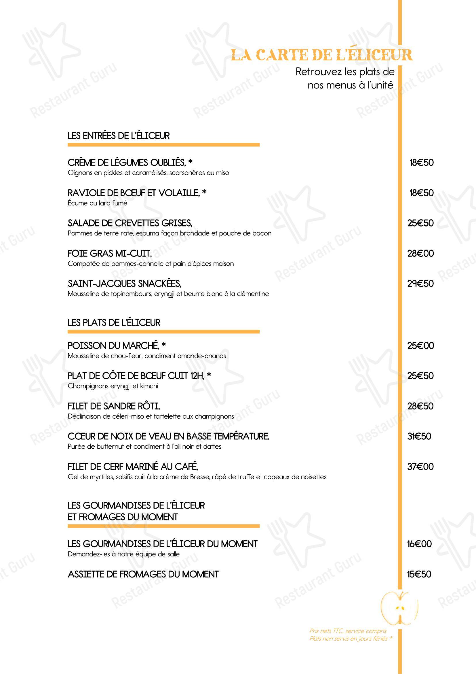 Menu pour Restaurant L'Eliceur dans Nancy