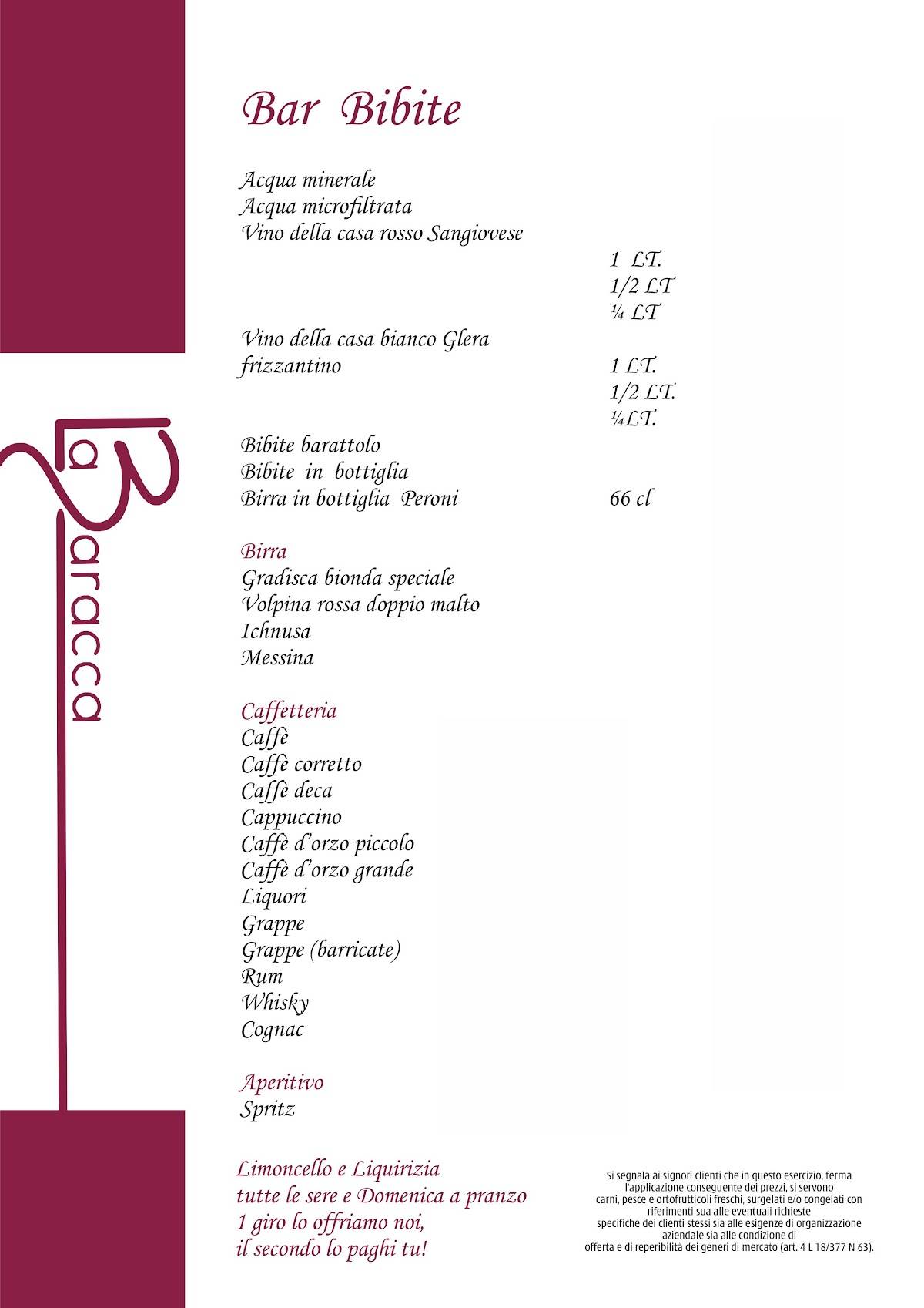 Menu di La Baracca Rimini 