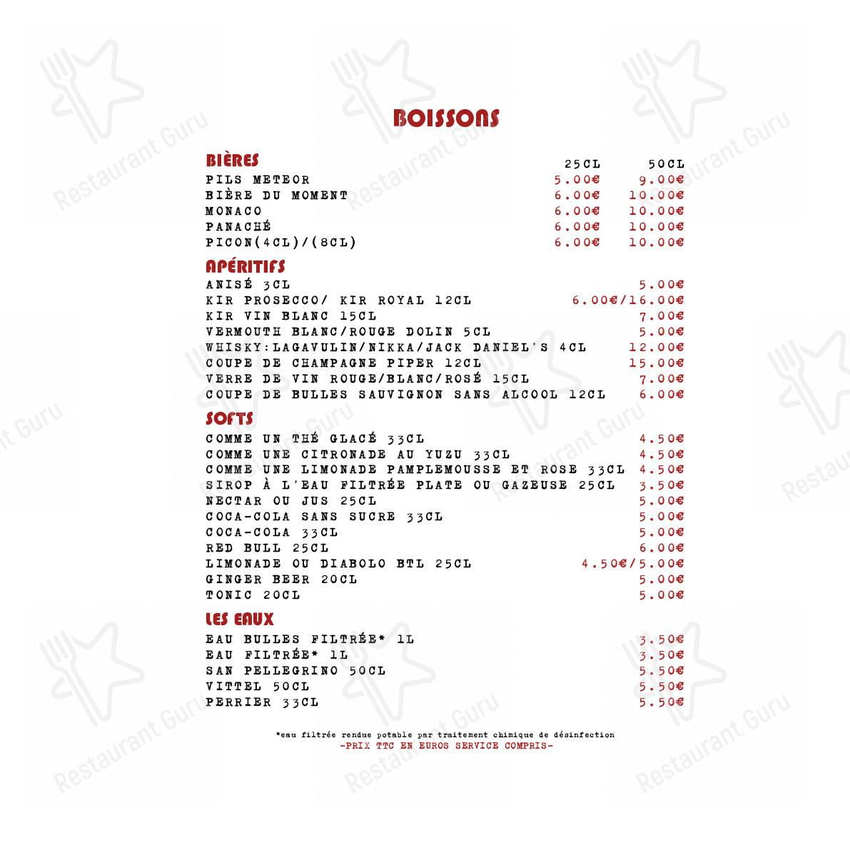 Menu pour La Cabane de La Terrasse de l'Étang - repas et boissons