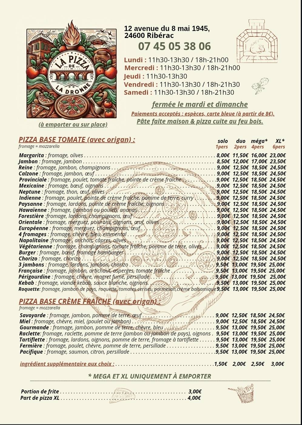 Menu de La pizza de la dronne