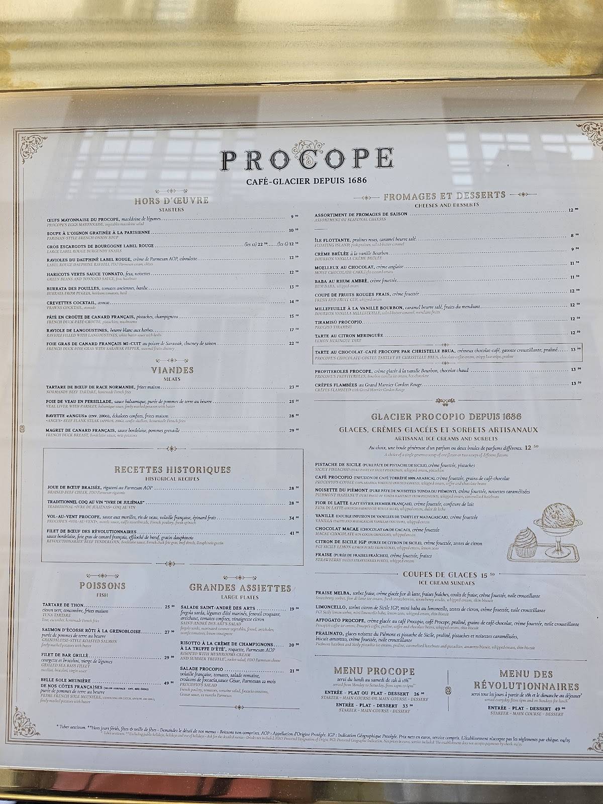 Menu de Le Procope