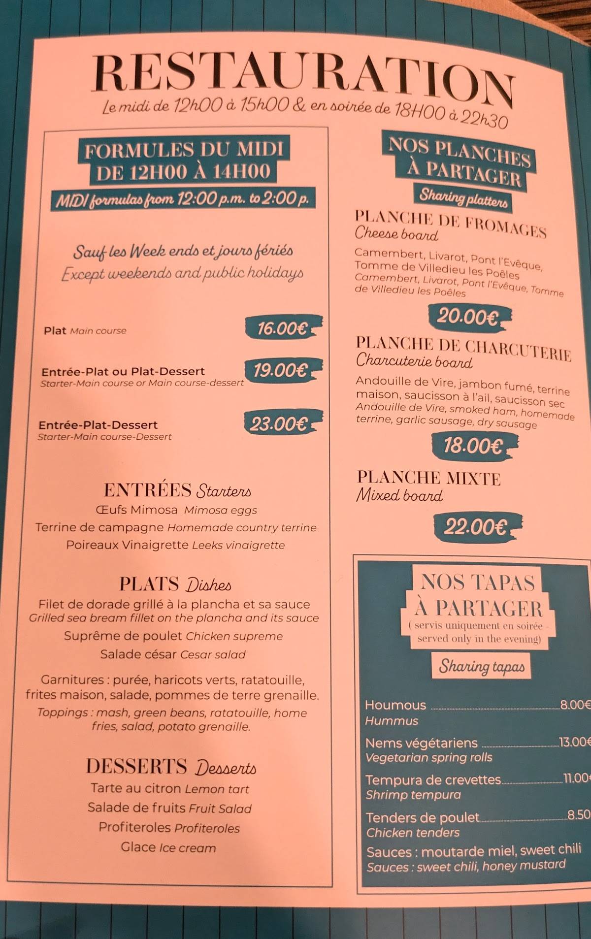 Menu de Restaurant Timeless