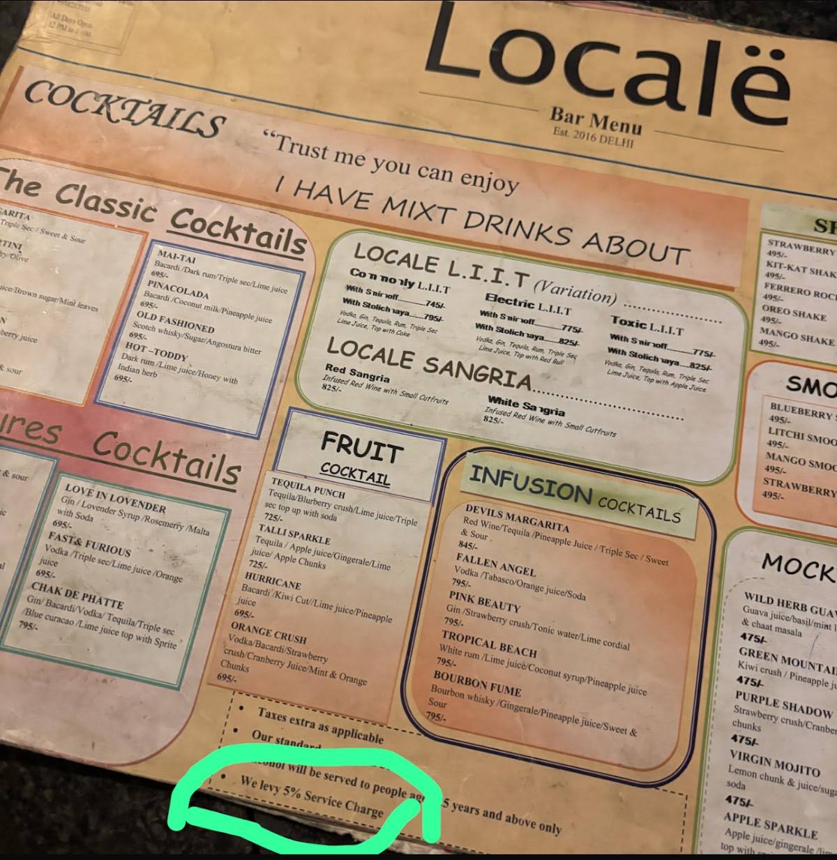 Locale Restaurent & Bar menu