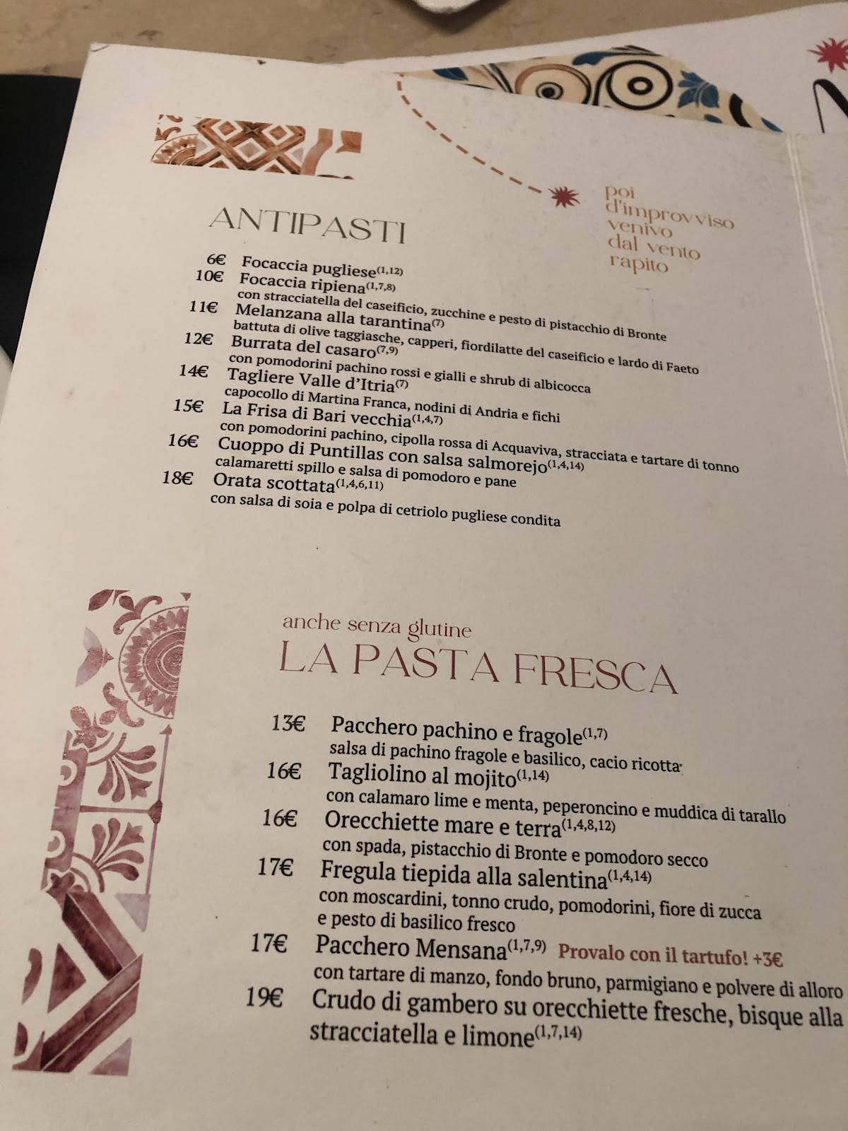Menu di MENSANA Masseria Urbana 