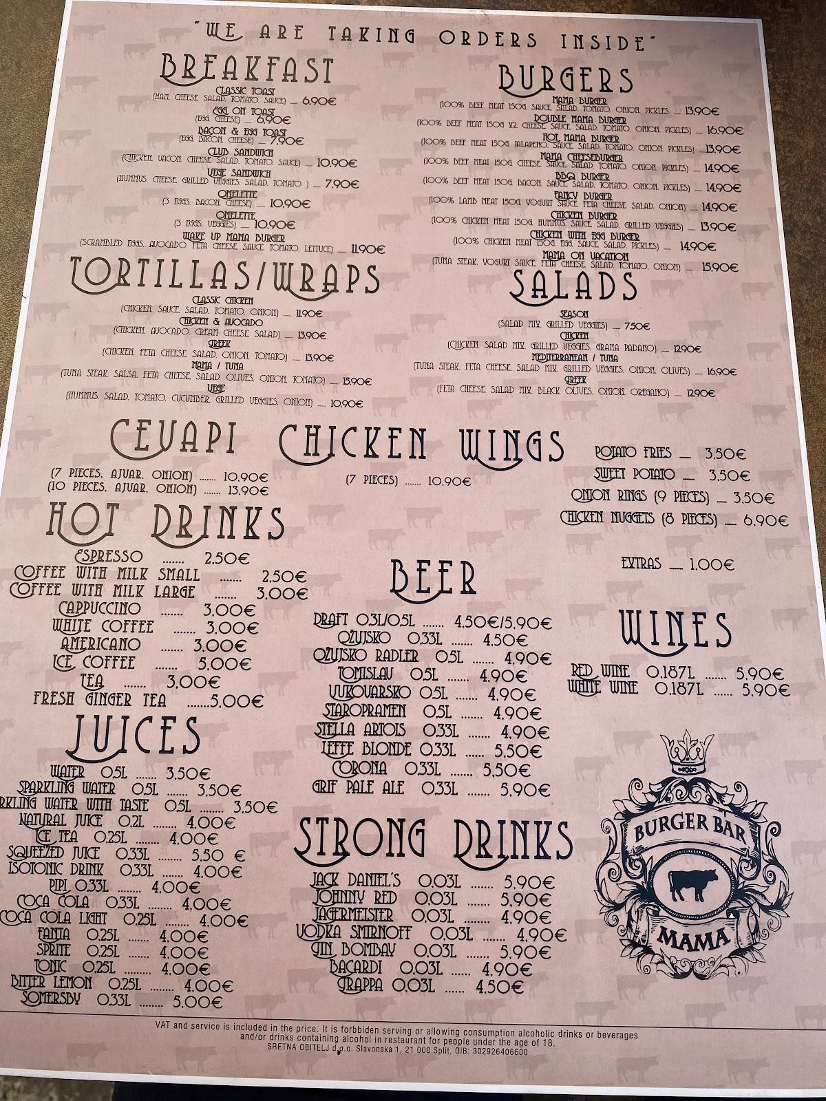 Menu de Mama burger