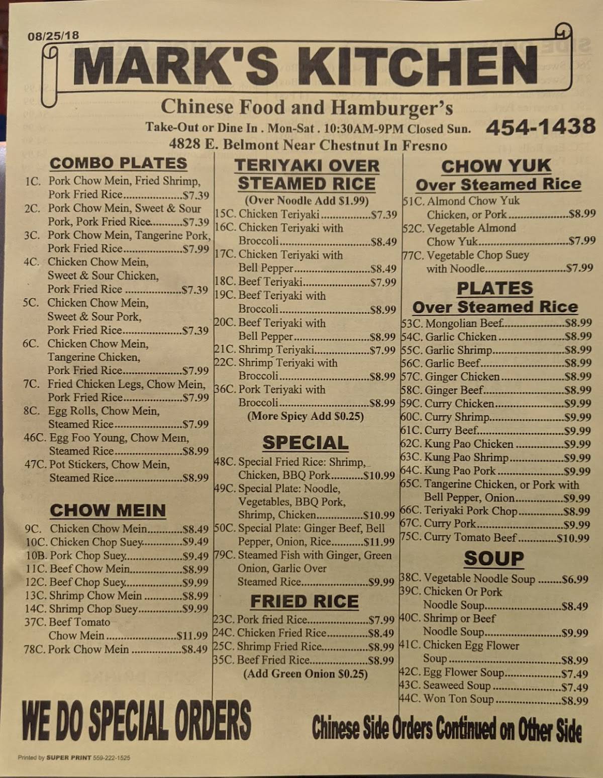 Menu at Mark's Kitchen restaurant, Fresno