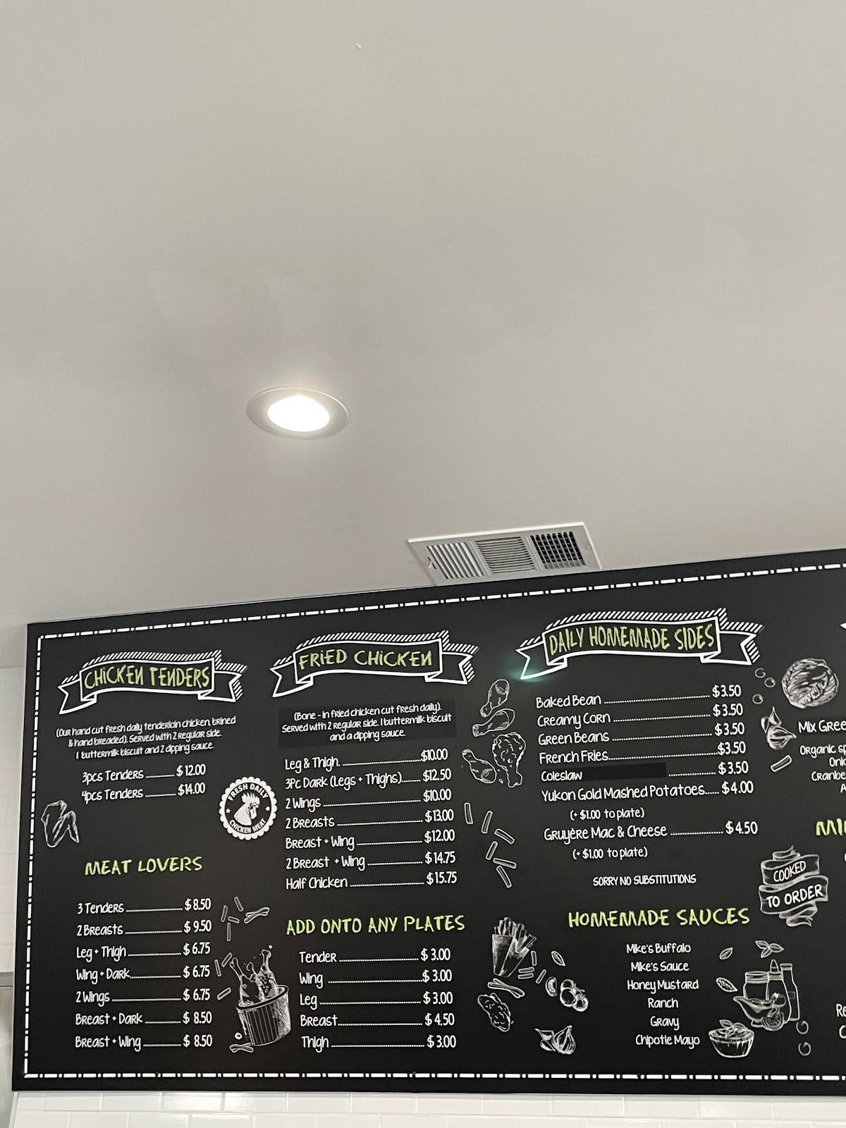 Menu at Mike's Chicken restaurant, Dallas, Maple Ave