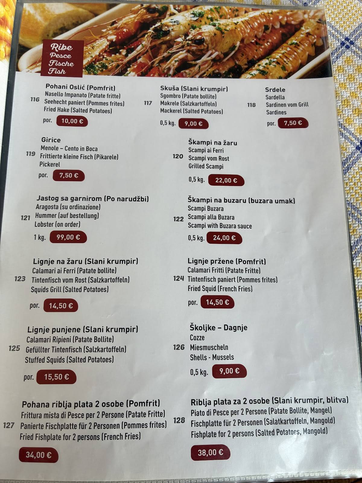 Menu di Restaurant Mimoza, Medulin 