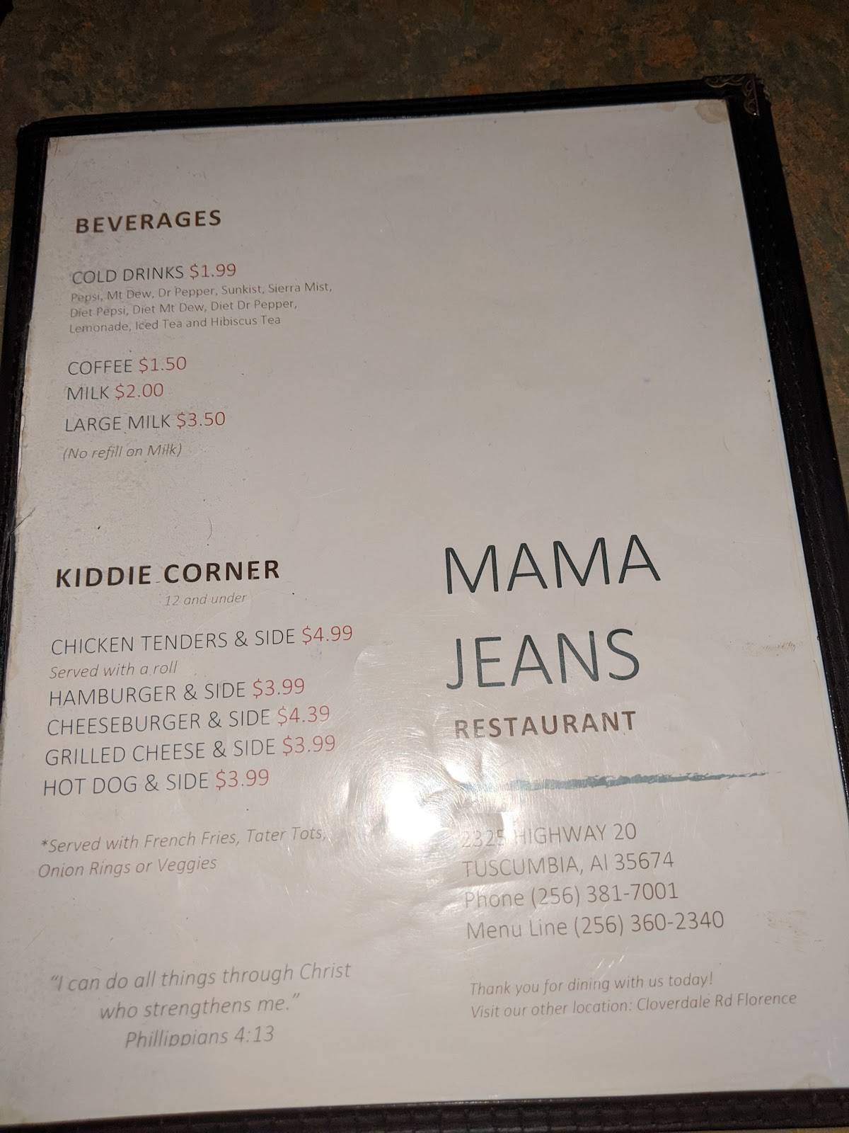 Menu at Momma Jean's Restaurant, Tuscumbia
