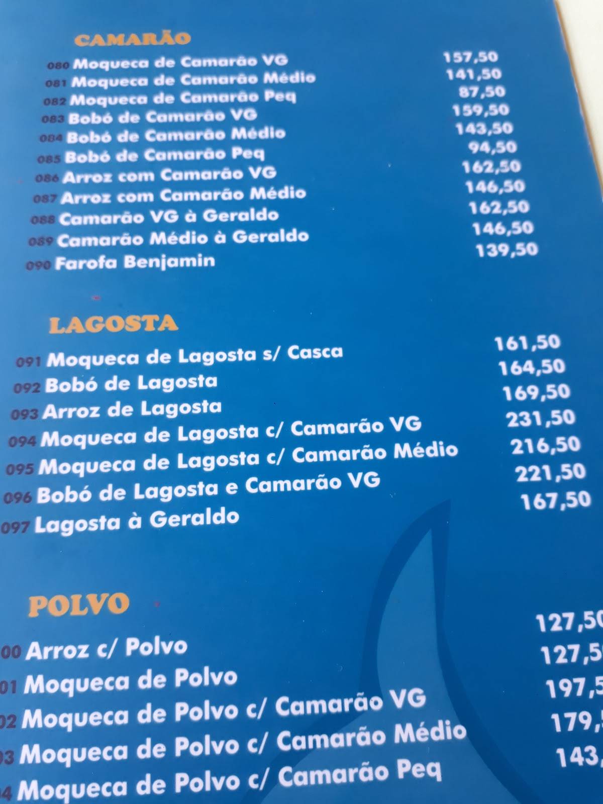 Moqueca do Geraldo cardápio