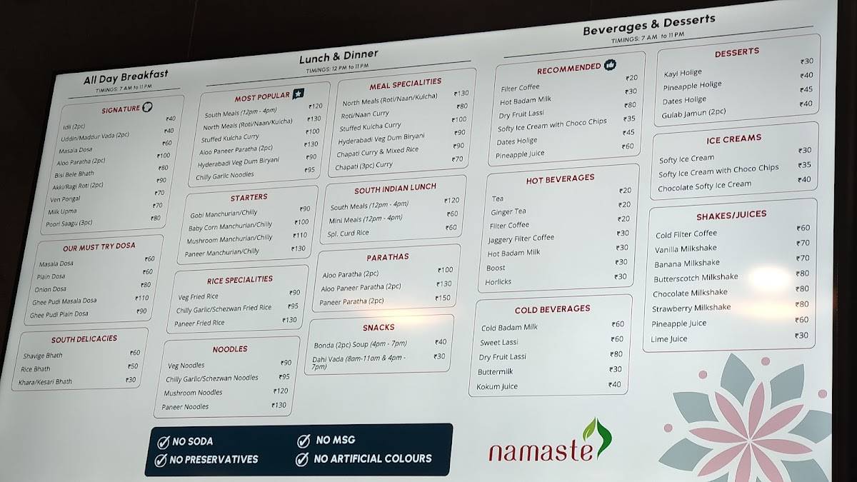 Namaste menu