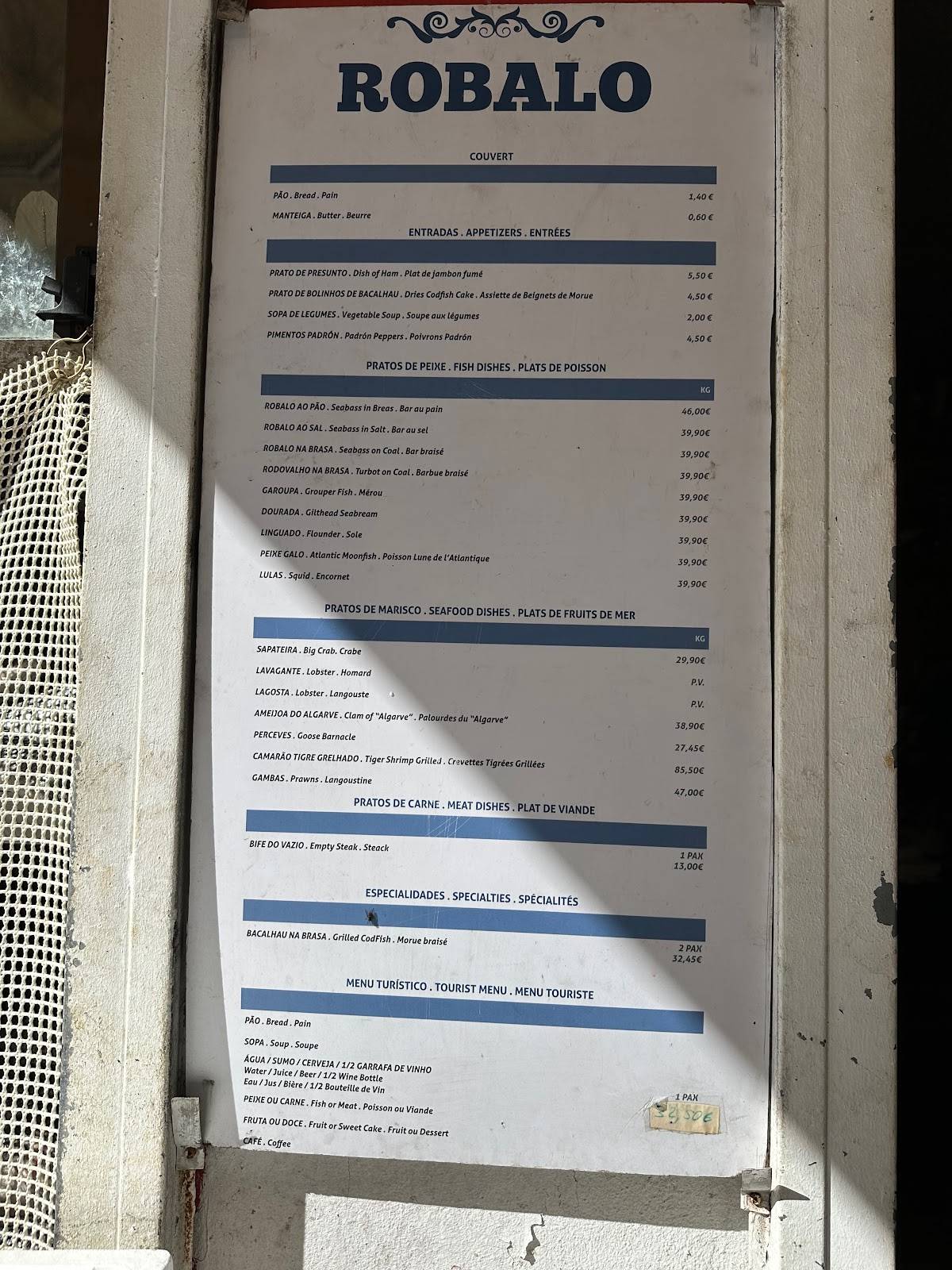 Menu em O Robalo restaurante, Matosinhos
