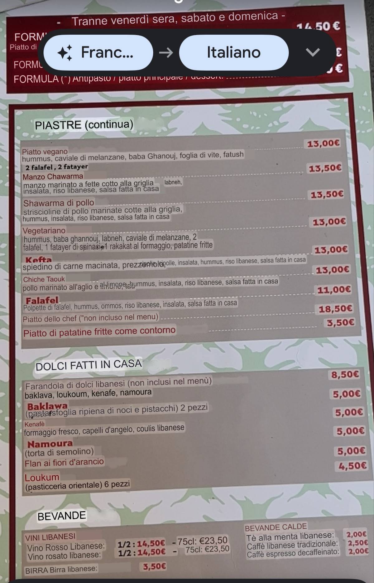 Menu de Restaurant O'Liban