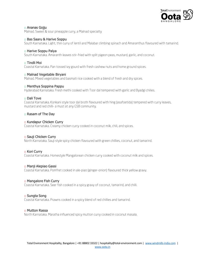 Oota Bangalore menu