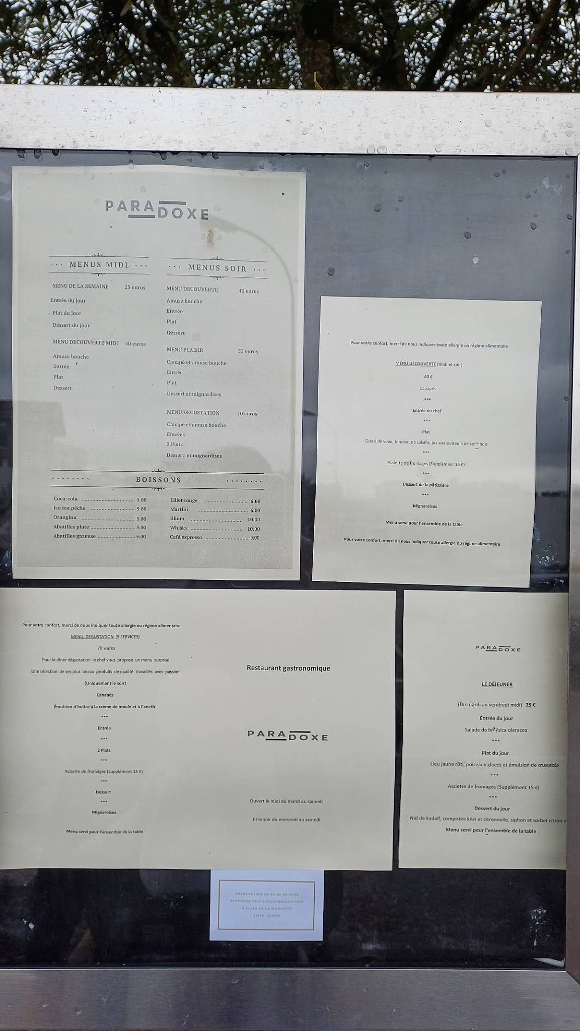 Menu de Restaurant Paradoxe