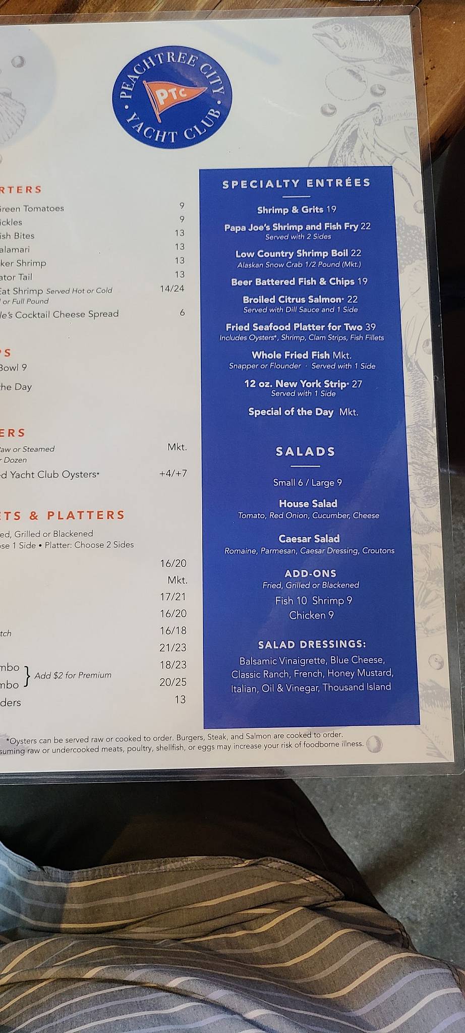 Peachtree City Yacht Club menu