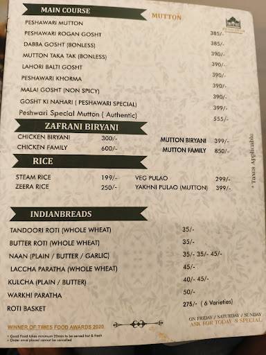 Peshawar Restaurant menu