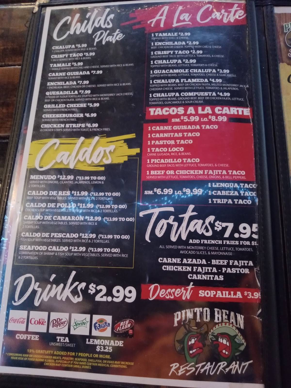 Menu at Pinto Bean restaurant, Edna