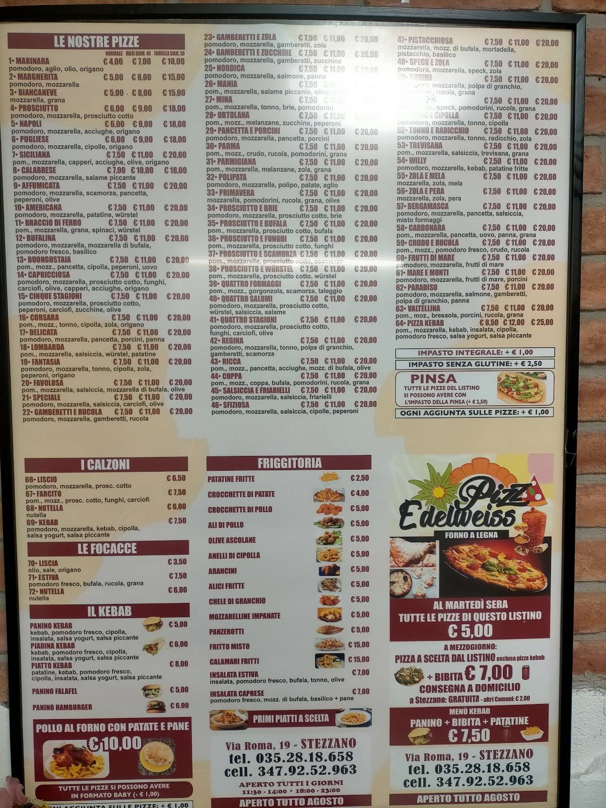 Menu di Pizza Kebab Edelweiss 