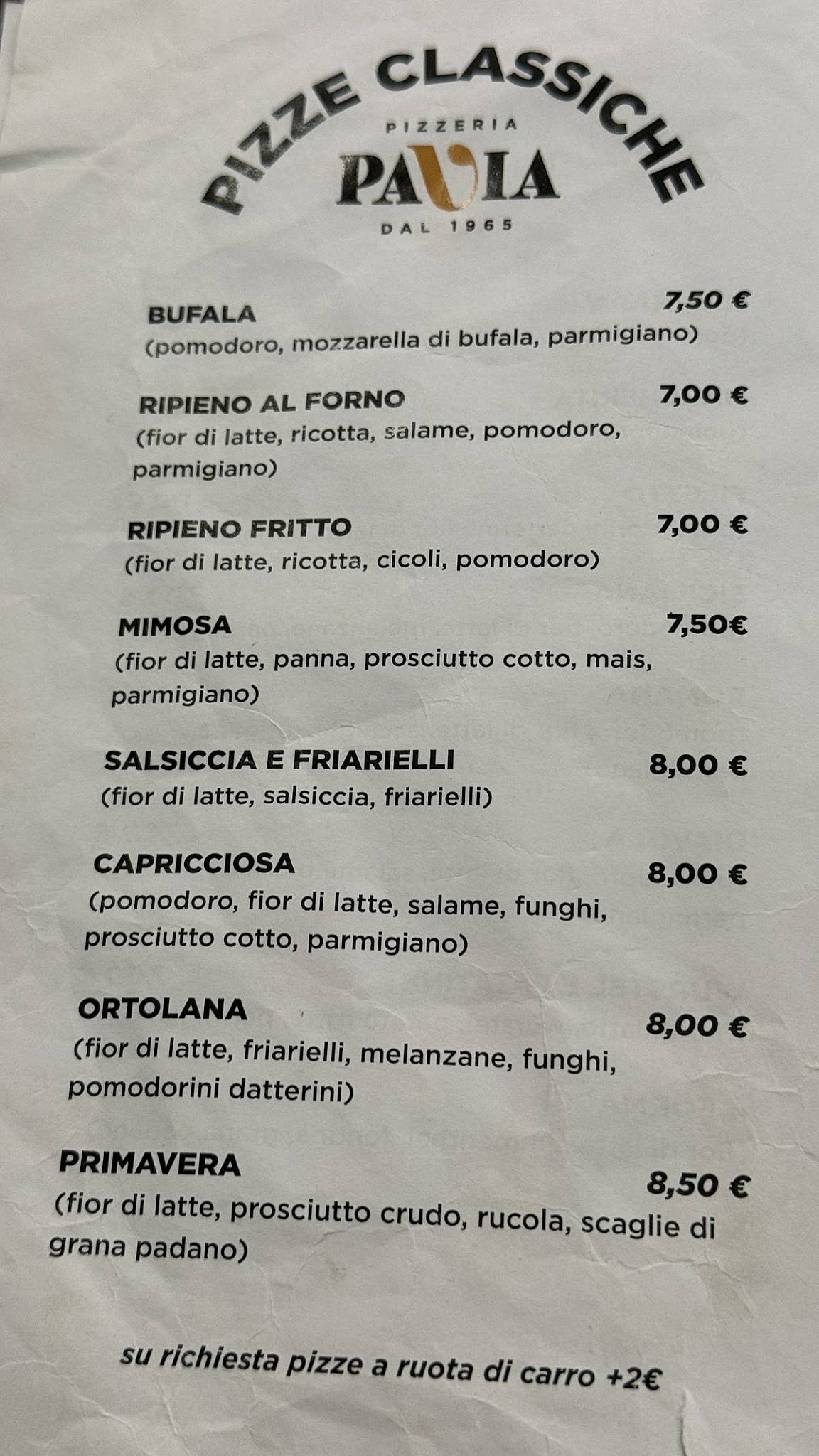 Menu di Pizzeria Pavia 