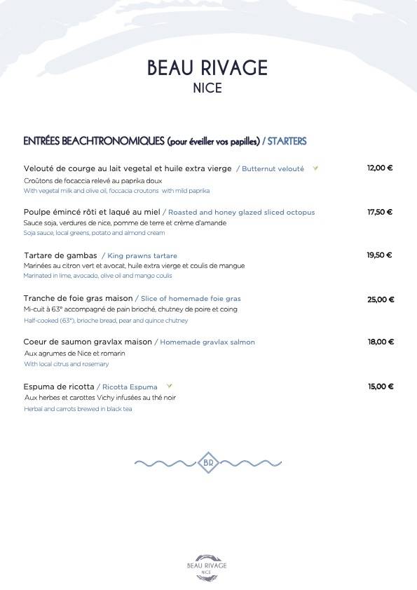 Menu de Plage Beau Rivage Nice