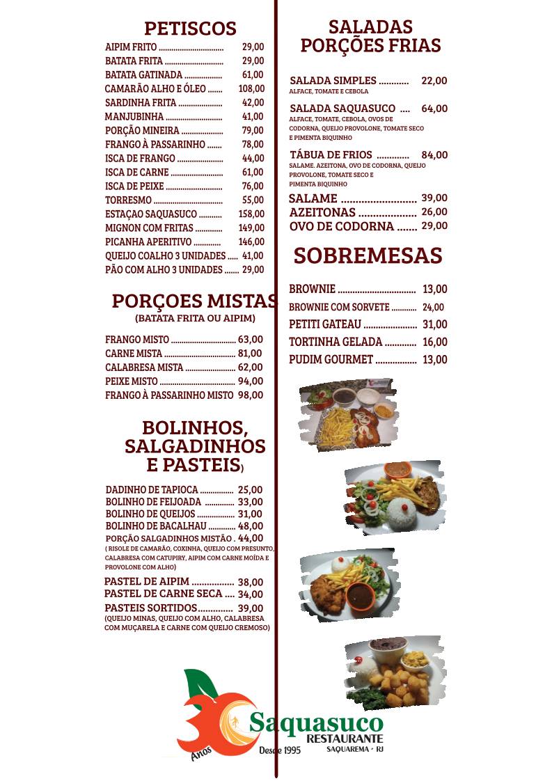 RESTAURANTE SAQUASUCO cardápio