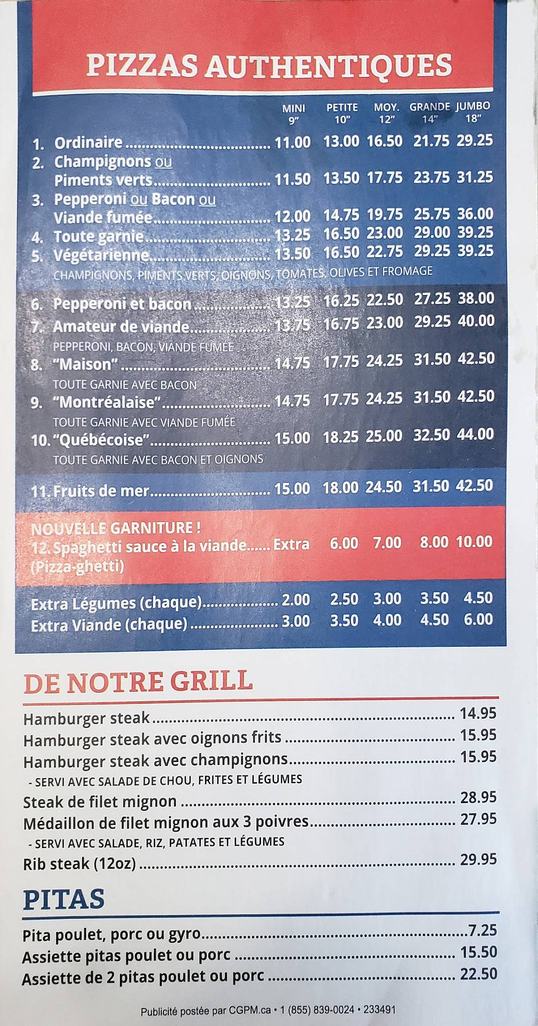 Menu au Pizza Repentigny pizzeria, Repentigny, 334 Rue NotreDame