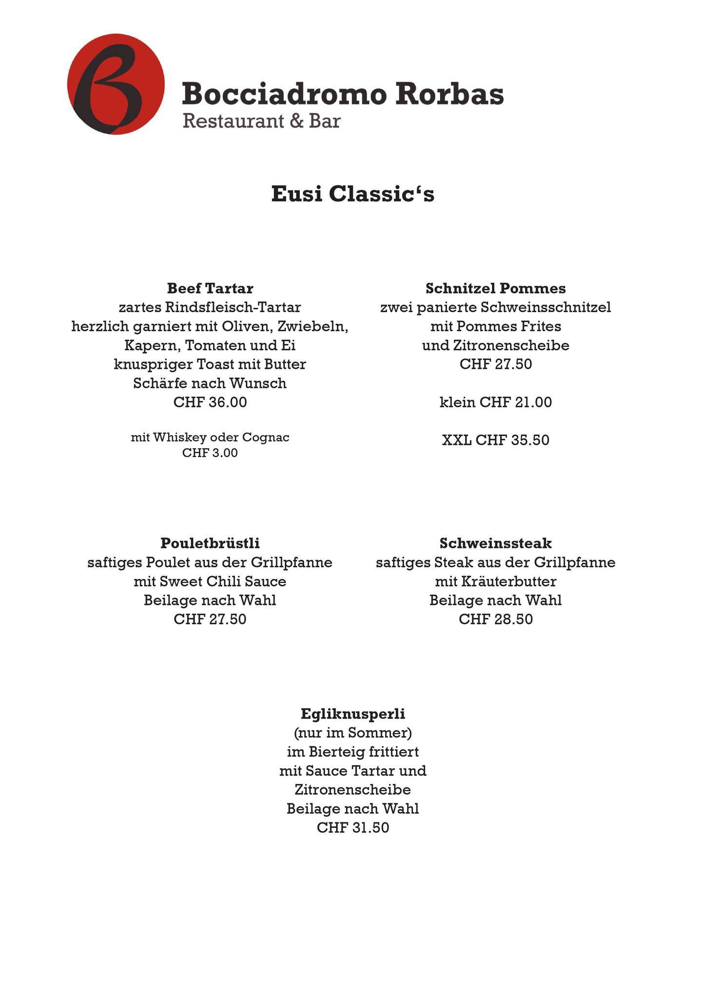 Menu de Restaurant Bocciadromo